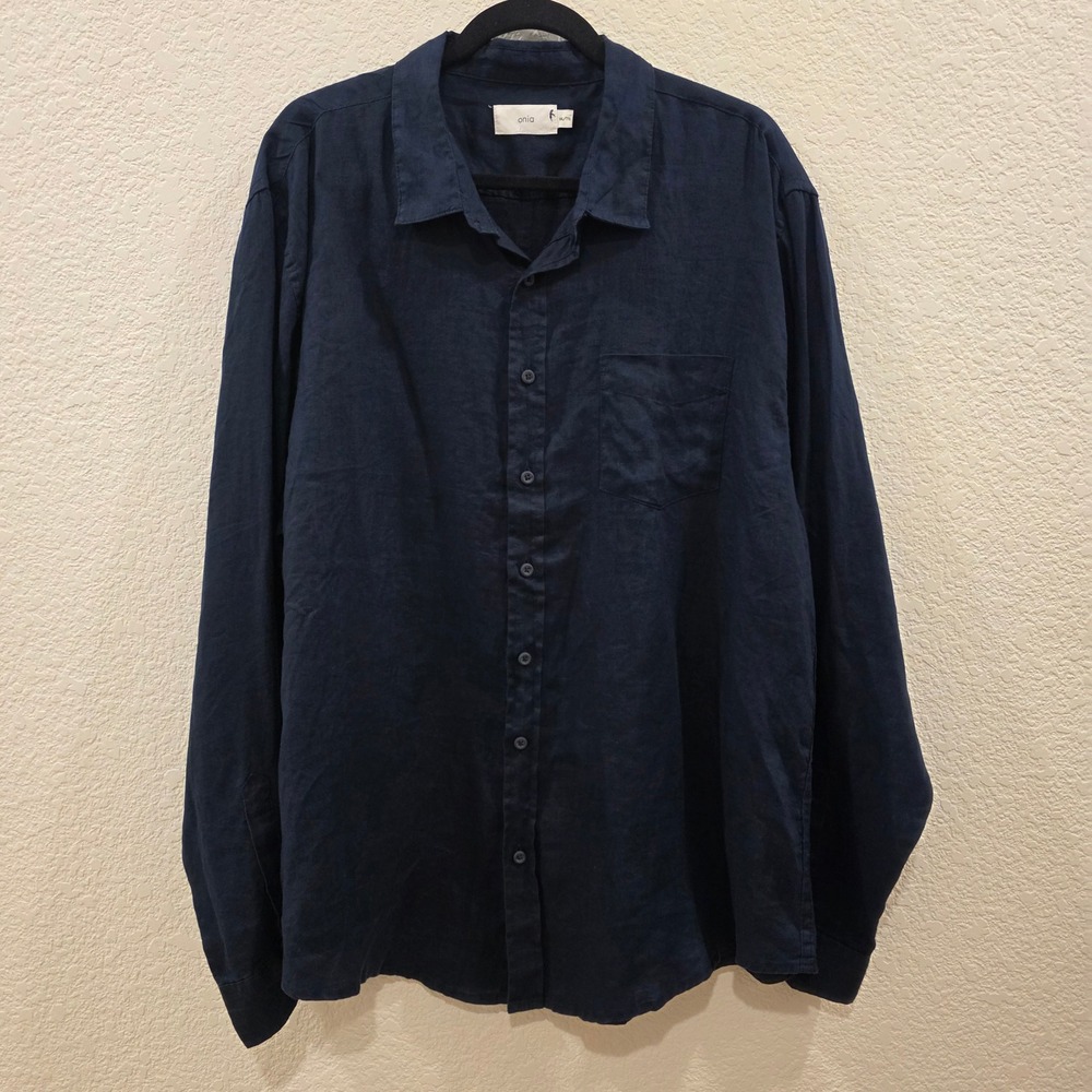 Onia Mens XXL Navy Blue 100% Linen Long Sleeve Button Down Shirt Pocket Relaxed